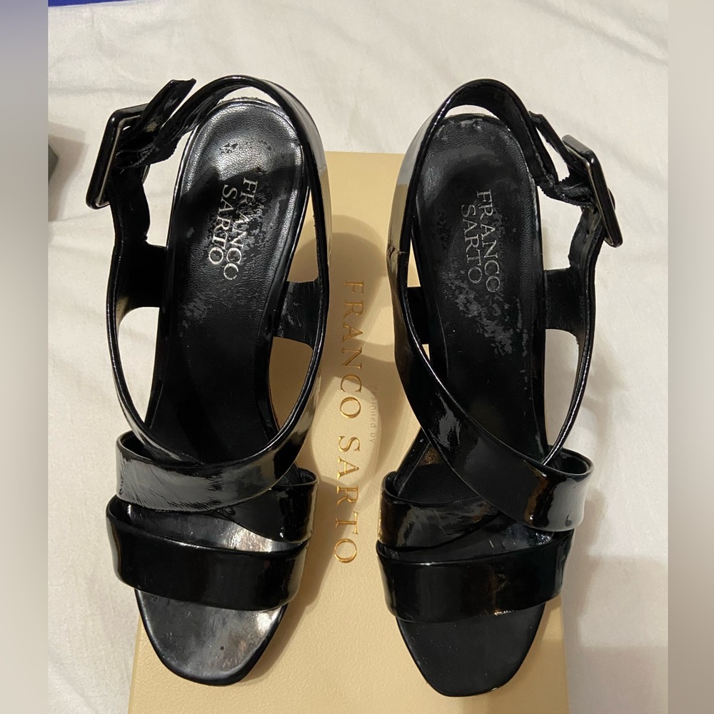Franco Sarto black patent leather cork wedge 8-1/2m